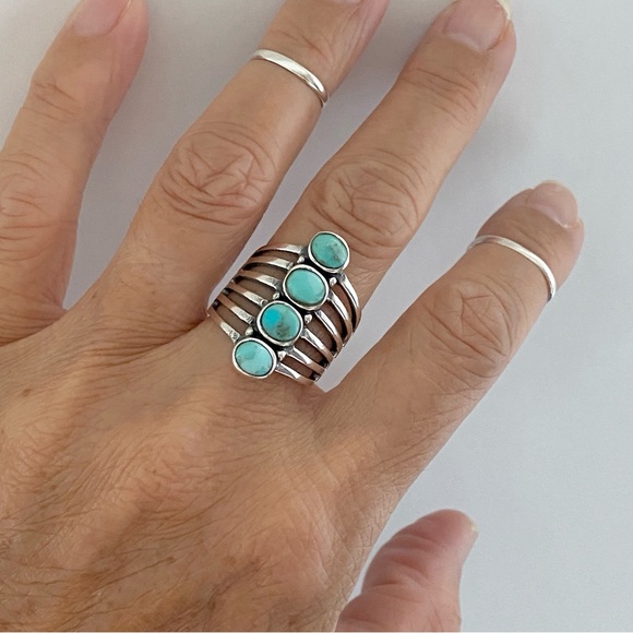 Sterling Silver 4 Round Genuine Turquoise Ring, Statement Rings, Stone Ring - Picture 3 of 13
